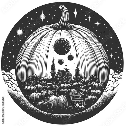 Whimsical village enclosed within a giant pumpkin engraving