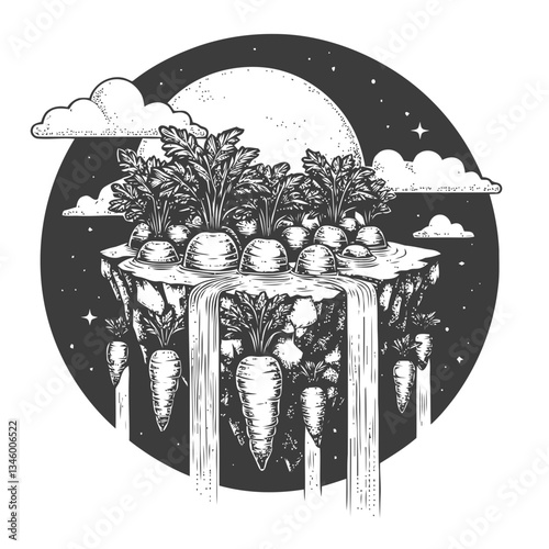Hand-drawn floating carrot island with cascading waterfalls illustration