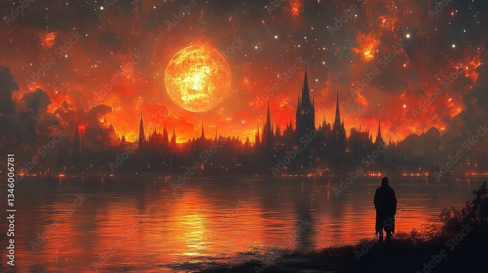 Fototapeta premium Eerie figure watches a skyline under an angry orange sky reflected in water