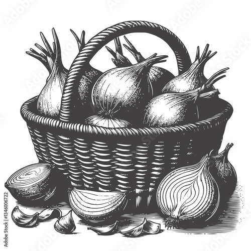 Engraved illustration of onions in a woven basket with peeling skins
