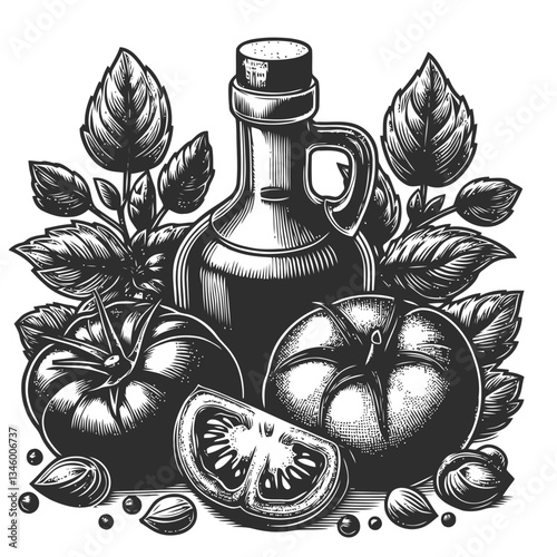 Classic engraved design of oil bottle with tomatoes and basil