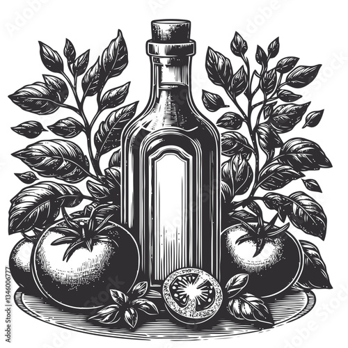 Artistic hand-drawn depiction of oil bottle with basil and tomatoes