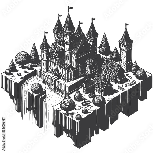 Artistic depiction of a medieval floating castle with a lush green island