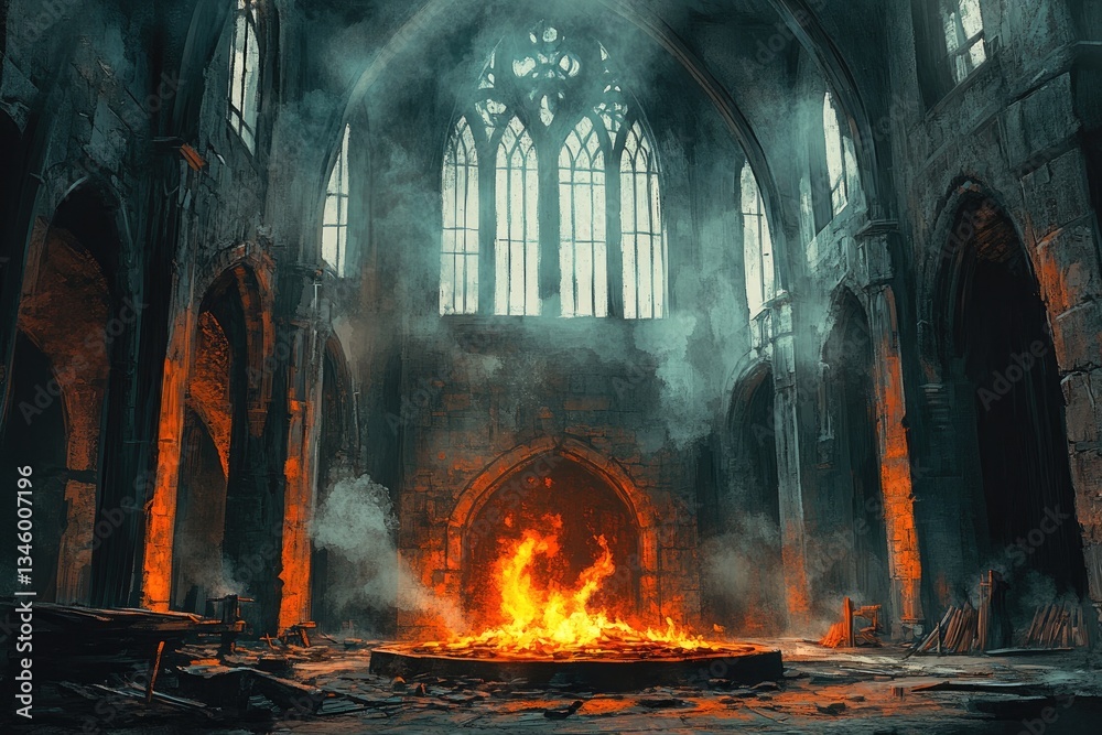 Fototapeta premium Ruined cathedral, fire