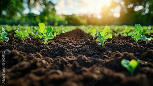 Crops sprout from rich soil under sunlight; plants aligned in neat rows