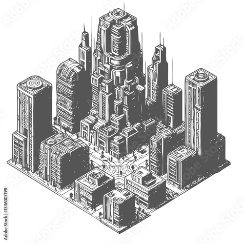 Detailed illustration of a futuristic skyscraper towering above the city