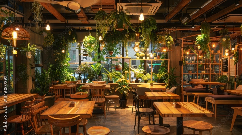 Fototapeta premium Plant Filled Cafe Interior with Rustic Wooden Furniture and Warm Lighting