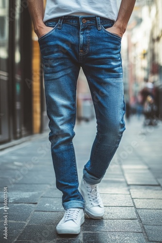 A person standing on the sidewalk with their hands in their pockets, likely lost in thought