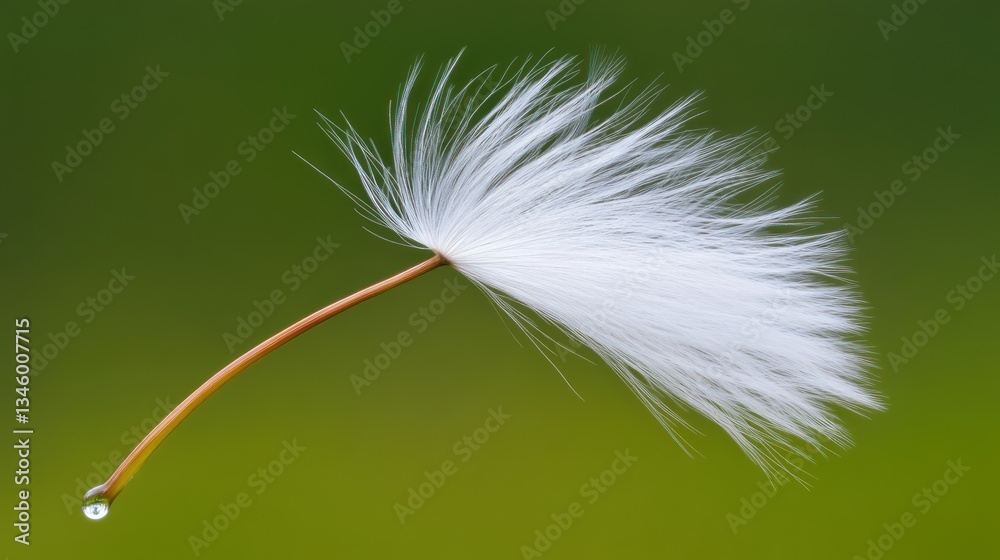 Obraz premium Close-up of a dandelion seed head with a water droplet, against a blurred green background.