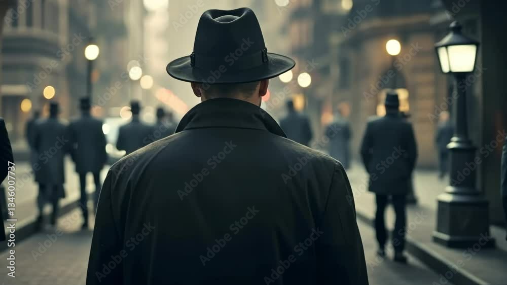 Man in hat and coat walking down a busy street with vintage streetlights and blurred pedestrians Man in hat and coat walking down a busy street with vintage streetlights and blurred pedestrians