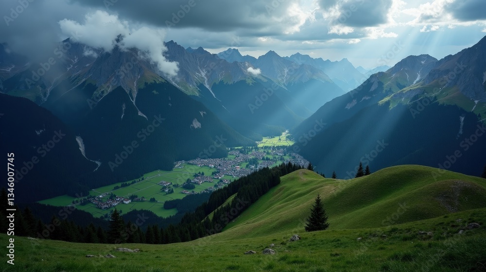 Obraz premium Aerial view of Jura Mountains, Switzerland, at dusk in the rain. Rolling hills fade into mist, while wet terrain reflects the last light of the day. A tranquil, atmospheric scene.