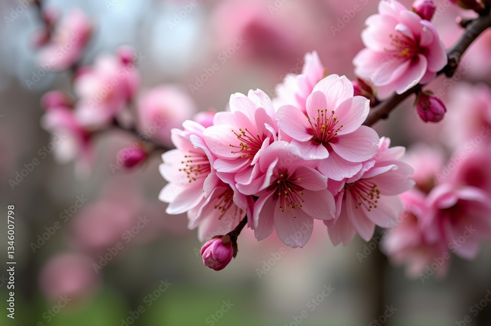 Fototapeta premium Delicate pink petals unfurl on a branch, showcasing the beauty of nature