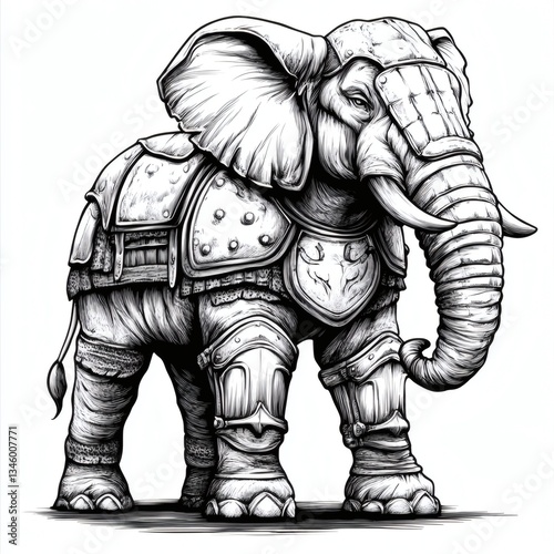 A black and white drawing of an elephant wearing armor