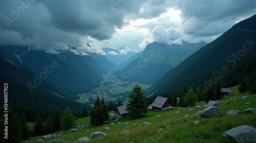Aerial view of Jura Mountains, Switzerland, at dusk in the rain. Rolling hills fade into mist, while wet terrain reflects the last light of the day. A tranquil, atmospheric scene.