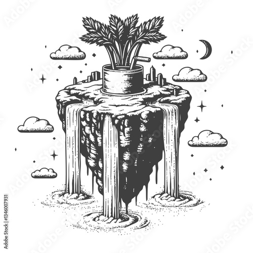 Artistic representation of a floating carrot island with natural waterfalls