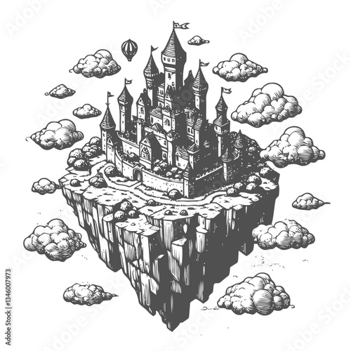 Dreamy artistic engraving of a medieval castle on a floating island