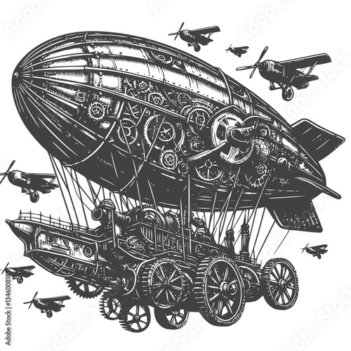 Beautiful steampunk airship with detailed gears and vintage mechanical artistry