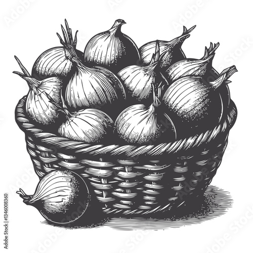 Artistic engraving of onions with peeling skins in a woven basket