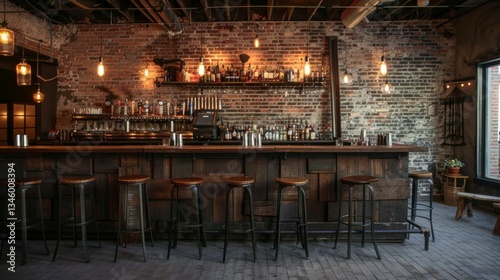 Rustic Bar Interior with Exposed Brick Walls and Dark Wood