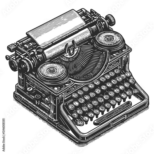Engraved Illustration of a Typewriter with Rolling Paper Inserted