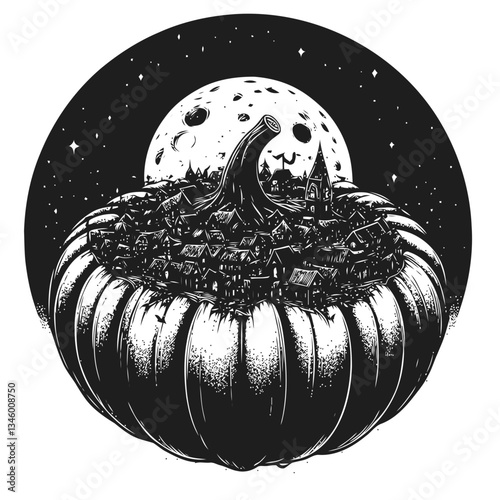 Creative engraving of a cozy village nestled inside a pumpkin