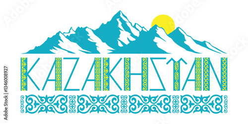 Country name Kazakhstan, ethnic art, stylized mountains, kazakh ornament, isolated on a white background, vector design