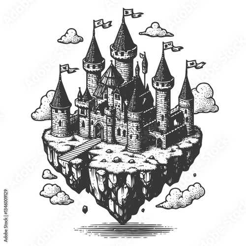 Illustration of a tiny medieval castle on a floating island with greenery