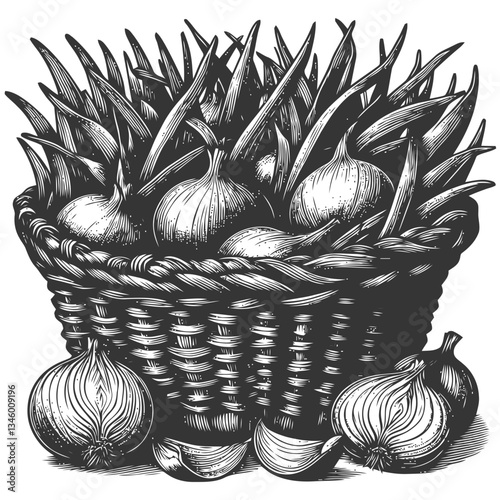Woven basket illustration showcasing onions and their natural peeling skins