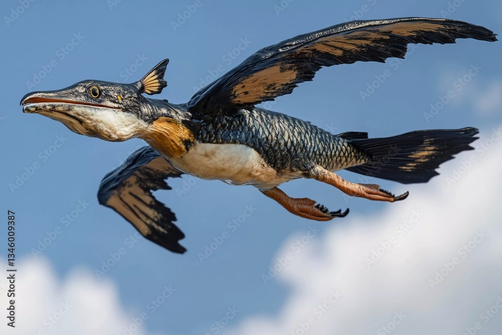 Fototapeta premium Unique depiction of a fish with wings soaring through a bright blue sky filled with clouds