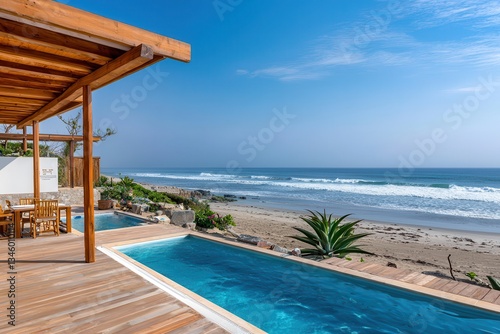 Spa wellness healing hydrotherapy journey. Modern beachside villa with a pool overlooking the ocean.