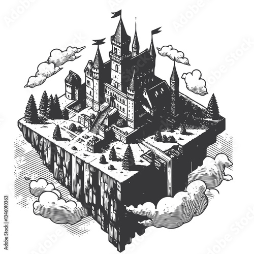 A picturesque medieval castle on a floating island with scenic beauty