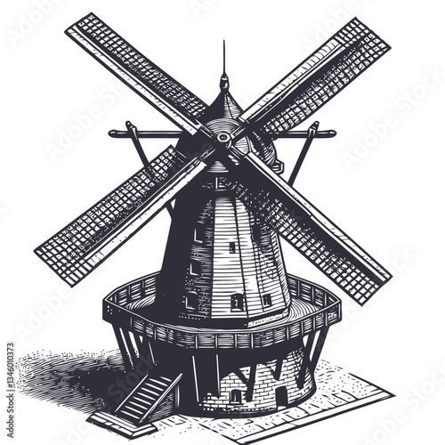 Artistic engraving of a windmill with a stone base and spinning blades