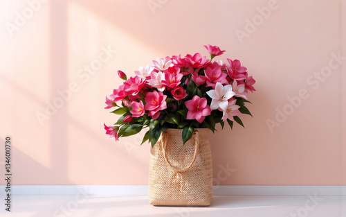Wallpaper Mural A beautiful bouquet of vibrant pink and white flowers in a woven bag sits against a soft pink wall, creating a simple and elegant floral arrangement. Torontodigital.ca