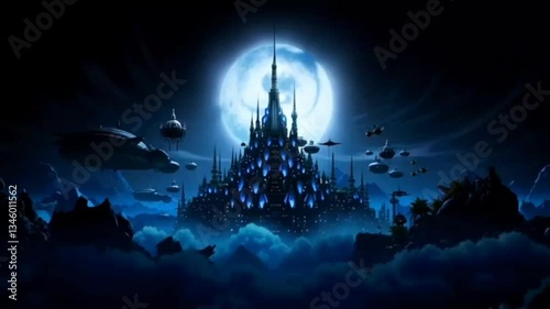 Glowing Crystal-Powered Metropolis with Airships, Magical Creatures, and a Mysterious Eclipse in 4K