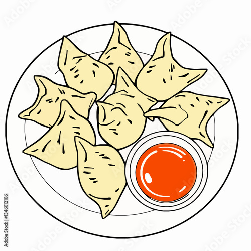 black outline vector of a plate of fried wontons with dipping sauce