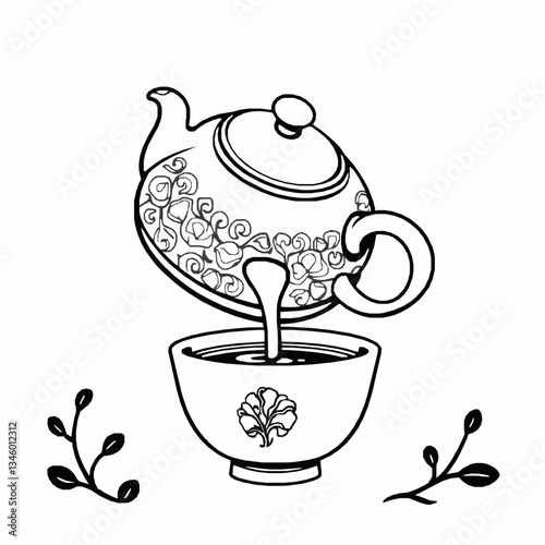 black outline vector of a clay teapot pouring tea into a traditional Chinese teacup
