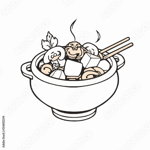 black outline vector of a clay pot dish filled with braised tofu and mushrooms