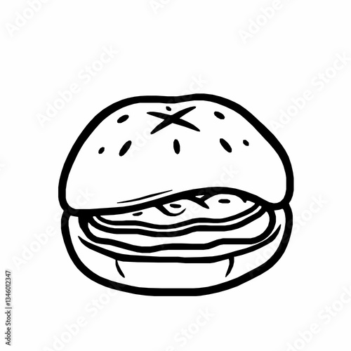 black outline vector of a Chinese bao bun with a bite taken out, revealing the filling