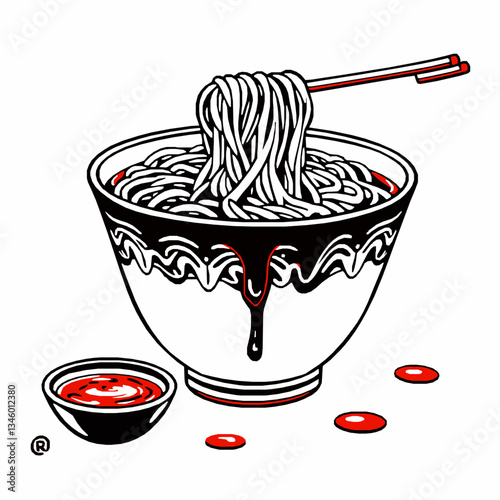 black outline vector of a bowl of Sichuan dan dan noodles with spicy sauce