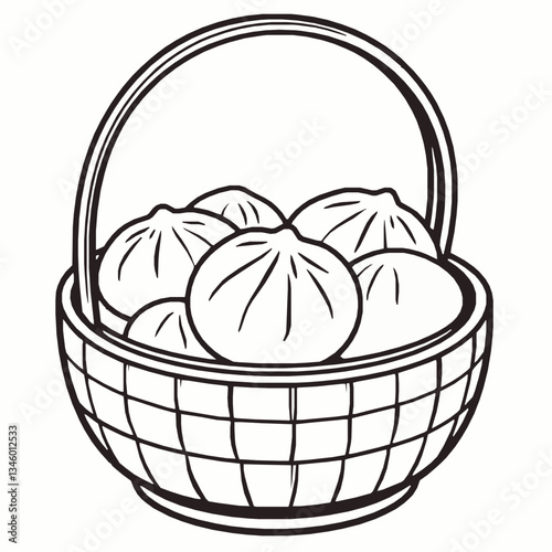 black outline vector of a bamboo basket filled with fluffy steamed buns