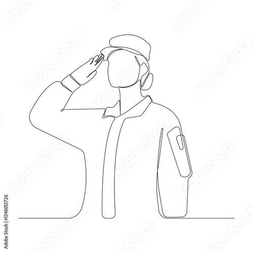 Female soldier saluting isolated line drawing. Veterans Day concept hand-drawn illustration.