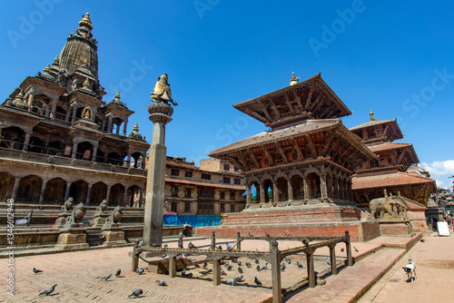 Scenery of Patan Durbar Square at Kathmandu, Nepal.  Kathmandu ancient temples and shrines Patan Durbar Square panorama Nepal