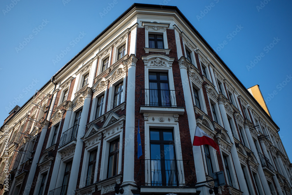 Fototapeta premium Old Tenement House at corner of streets. Sosnowiec, Poland.