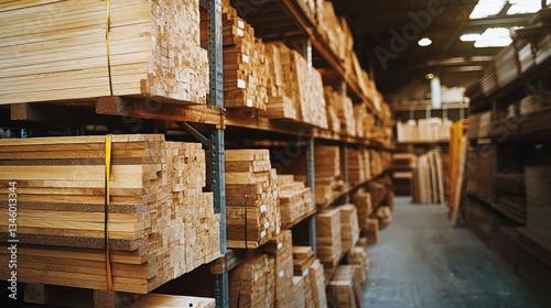 Wallpaper Mural Wooden planks stacked neatly in warehouse, showcasing various types of lumber. warm tones of wood create cozy atmosphere, ideal for construction and woodworking projects Torontodigital.ca