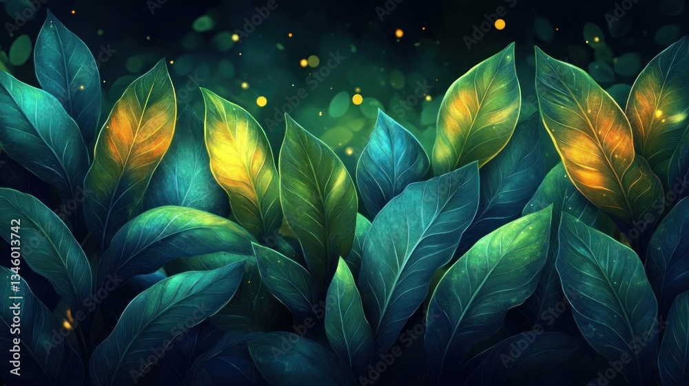 Fototapeta premium EnchantedForestGlowDarkGreenLeavesNatureArt
