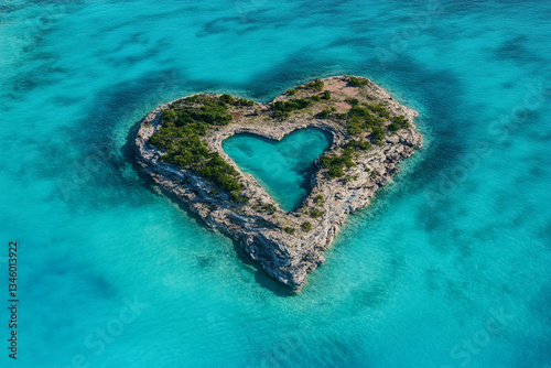 Heart-shaped island surrounded by turquoise water in a tropical setting