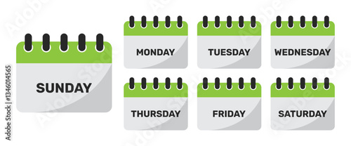 Set of seven weekday calendar icons in green- Sunday, Monday, Tuesday , Wednesday, Thursday, Friday, Saturday. Collection of 7 weekday calendar symbols in green color isolated on a white background.