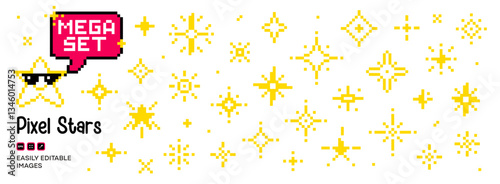 Mega set of pixel sparkle stars in 8-bit retro style. Shiny pixel art effects for games. Pixelated bursts, fireworks, space decorations. 90s aesthetic, Y2K vibes.