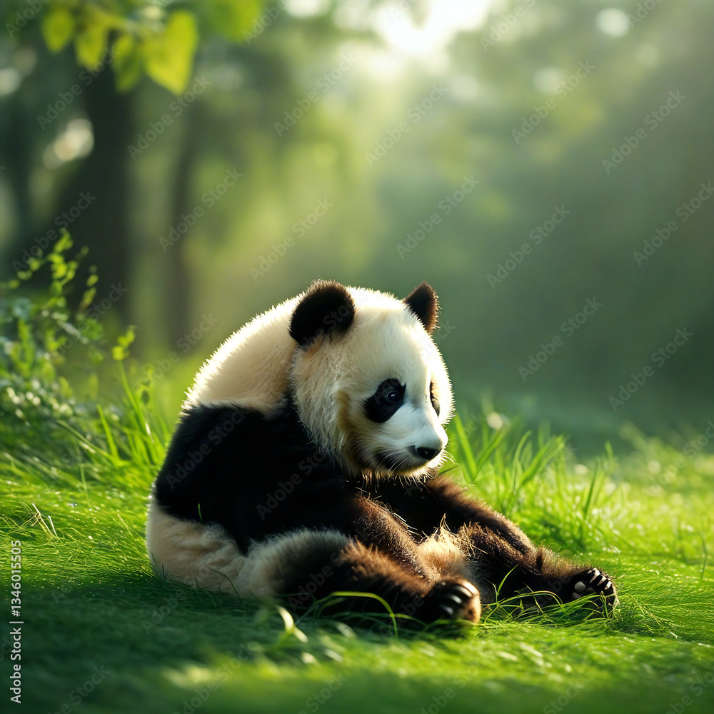 Fototapeta premium giant panda bear sitting in a grass 