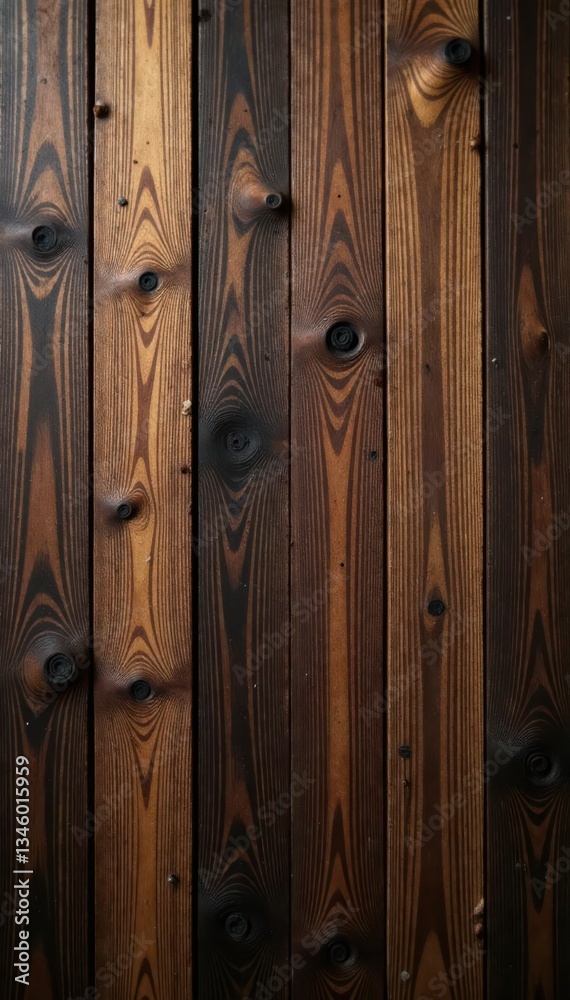 Dark brown wood planks, close-up showing knots , texture, knots, wall Dark brown wood planks, close-up showing knots , texture, knots, wall